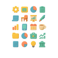 Grid of 20 3D business and finance icons in various colors on black graphic design
