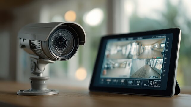 A security camera monitors surroundings, displaying live footage on a tablet, emphasizing surveillance technology and safety.