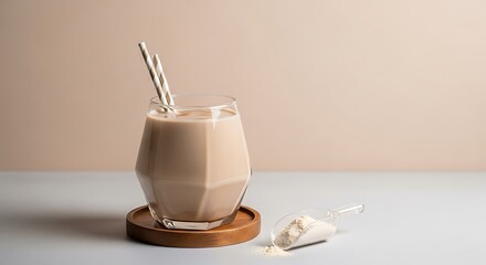 Protein Shake in Geometric Glass with Straws and Scoop on Table