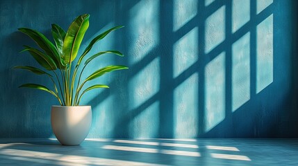 Sunlight streams on teal wall, plant pot