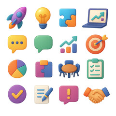 Startup And Business Icons With Rocket Lightbulb Puzzle And Chat Bubbles success growth