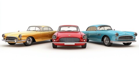 Three vintage cars parked side by side against a plain white background. The cars are classic models with distinct colors: yellow, red, and blue. The setting is minimalistic, focusing on the vehicles.