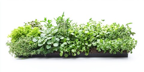 Fototapeta premium A row of various herbs growing in a black container against a white background. The herbs are lush and green, with different shapes and sizes, indicating a diverse selection. 
