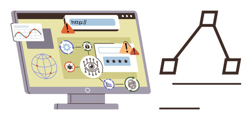 Computer monitor displaying cybersecurity threat icons thumbs up alerts, virus, and password security next to a simple network flow diagram. Ideal for cyber risk, data safety, IT security, analytics