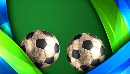 Obraz premium Two soccer balls on a green background with swirling, vibrant blue and green abstract shapes