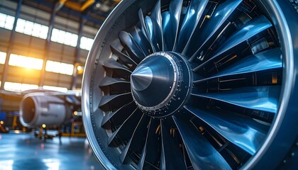 Close-up of a large turbofan engine in a hangar, sunlight streams through windows
