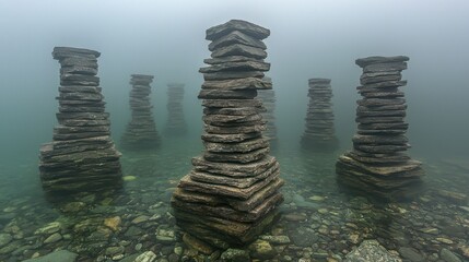Underwater stone stacks in a misty setting