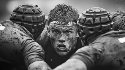 Mud-Covered Rugby Player Surrounded by Teammates During a Game