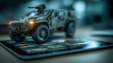 Fototapeta premium A military vehicle model is displayed on a tablet, combining technology and defense themes in a modern digital setting.