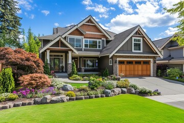 Modern suburban house with manicured lawn and landscaped garden