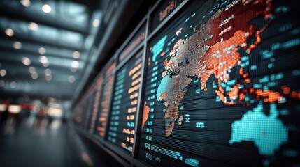 A digital world map displays data with vibrant colors, showcasing global information in a modern, high-tech environment.