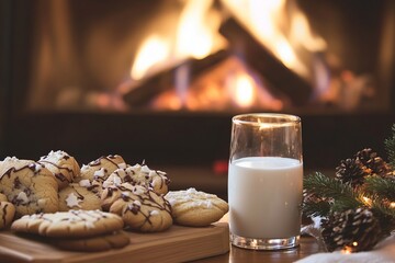 Christmas cookies and milk by warm fireplace with holiday decorations