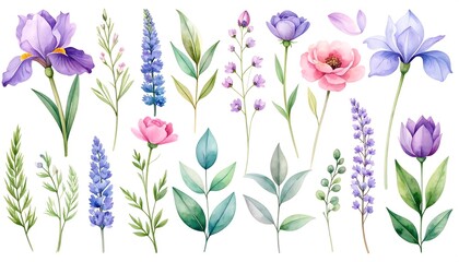 Collection of watercolor flowers and foliage