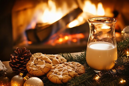 Christmas cookies and milk by warm fireplace with holiday decorations - Powered by Adobe