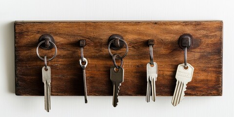 A wooden key holder with five keys hanging from it, mounted on a plain wall. The keys are of various sizes and shapes, and the holder has a rustic appearance.