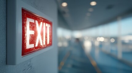 A bright red exit sign illuminates a corridor, indicating an exit point in a modern, softly lit environment.
