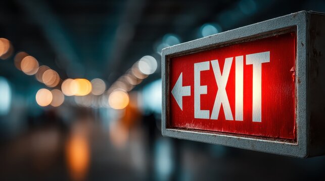 A bright red exit sign directs attention with a blurred background, creating a striking contrast that emphasizes the urgency of leaving.