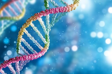 Colorful 3D DNA double helix structure on blue bokeh background