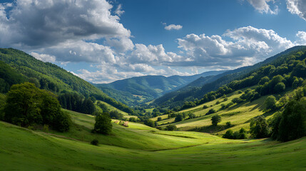 Fototapeta premium A vast, lush green meadow stretches toward distant hills under a vibrant blue sky dotted with fluffy white clouds. The scene is framed by forested slopes on either side, bathed in soft sunlight