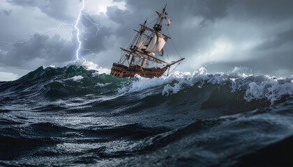 Obraz premium Vintage Sailing Ship Navigating Rough Seas During a Thunderstorm with Lightning Strike