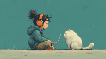 Girl in Headphones Sitting with Cat and Laptop in Minimalistic Scene