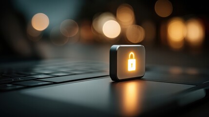 A glowing padlock icon sits on a laptop keyboard, symbolizing digital security and privacy in a blurred, softly lit background.