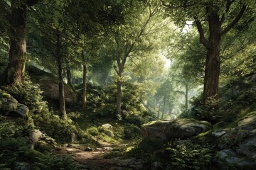 Fototapeta premium Sunlight filters through lush forest, rocky path