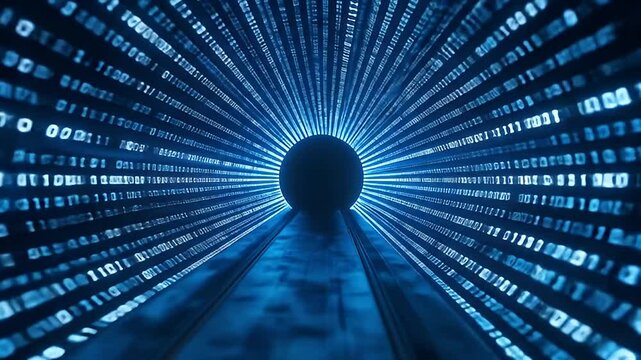 Abstract Blue Binary Code Tunnel with Sphere in the Middle with Digital Data Flow Visualization
