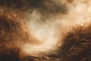 Misty, golden path through tall grass