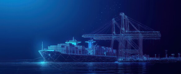 Fototapeta premium Trade port low poly wireframe banner template. Digital 3D cargo ship, container, crane and warehouse in dark blue. Container ships, transportation, logistics, business, worldwide shipping concept