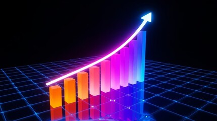 A 3D business graph with a rising arrow illustrates financial growth and market success on a black background.
