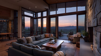 Fototapeta premium Modern mountain home living room twilight view (1)
