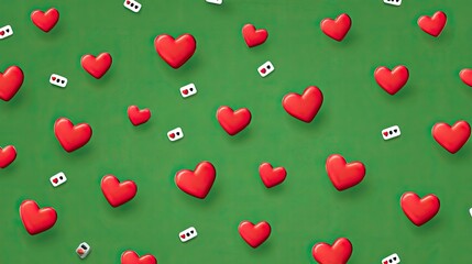 Red hearts and playing cards on a green background