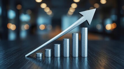 A dynamic 3D business graph with an arrow shows financial market growth and success.
