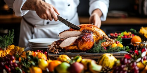 Thanksgiving or holidays. A chef carves a roast turkey for a holiday dinner surrounded by fresh fruits, vegetables and seasonal decorations. Chef prepares a turkey for thanksgiving