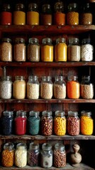 Wooden shelves filled with jars of spices and grains