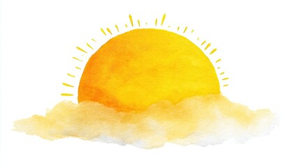 Watercolor sun rising above clouds