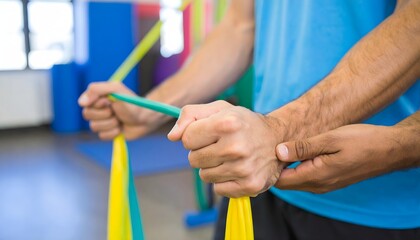 Physical therapist assisting a patient with resistance band exercises. Concept of guided rehabilitation, muscle strengthening, and recovery.
