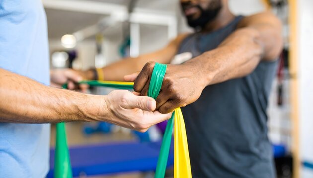 Physiotherapist assisting a male patient with resistance band exercises for upper body rehabilitation and strength training in a clinic.