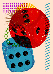 Risograph dice with geometric shapes. Objects in trendy riso graph print texture style design with geometry elements.