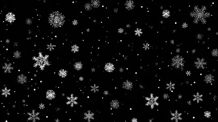 A black background scattered with many white snowflakes of varying sizes and shapes