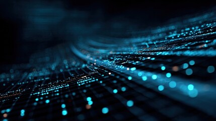 Abstract digital wave, light blue particles on dark grid