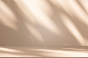 Wall interior background, studio and backdrops show products. with leaf shadow from window color beige and white. background for text insertion and presentation of product	