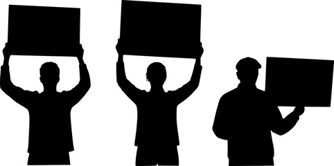 Three silhouetted figures holding signs aloft in a demonstration or protest against injustice now today | editable eps vectors