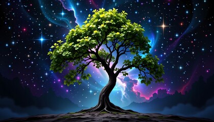 Solitary Tree Beneath Colorful Galaxy Nebula