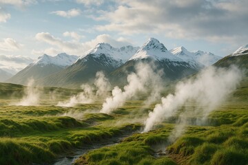 Geothermal Vents in Snowy Mountain Landscape