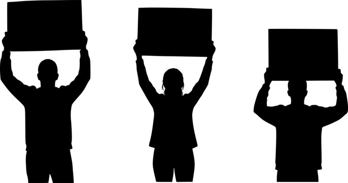 Three silhouetted figures holding signs aloft in a demonstration or protest against injustice now today | editable eps vectors