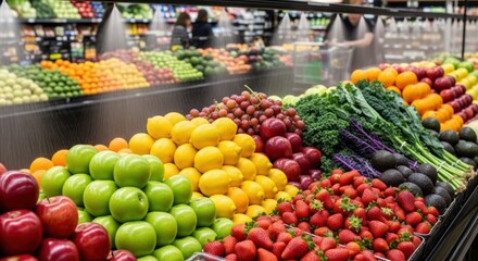 Vibrant Produce Display in Supermarket with Misting System
