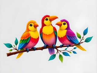 Colorful Birds Branch Against White Background