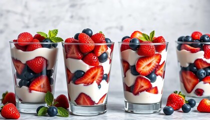 Close-up of vibrant mixed berry yogurt parfaits layered in clear glasses against a neutral grey backdrop,   container,   layered dessert